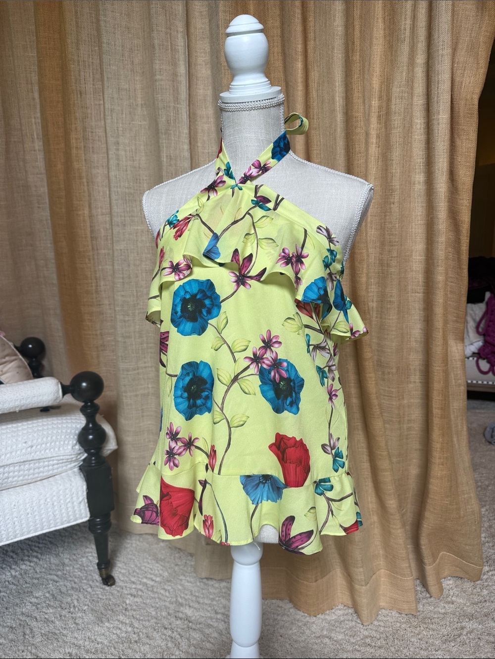 Parker Lime Green Floral Halter Ruffle Cami